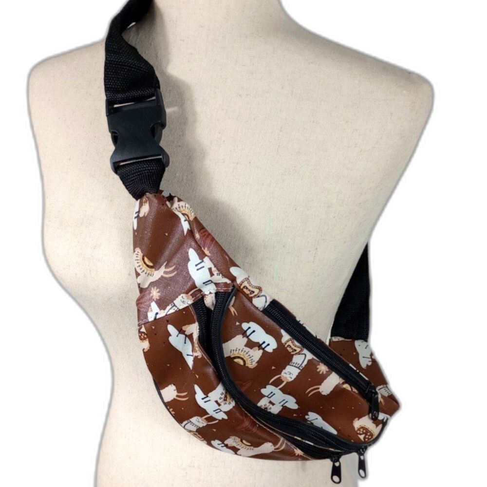 New Llama Design Novelty Brown COATED CANVAS Fanny Bag Crossbody 2 ZIP SECTIONS